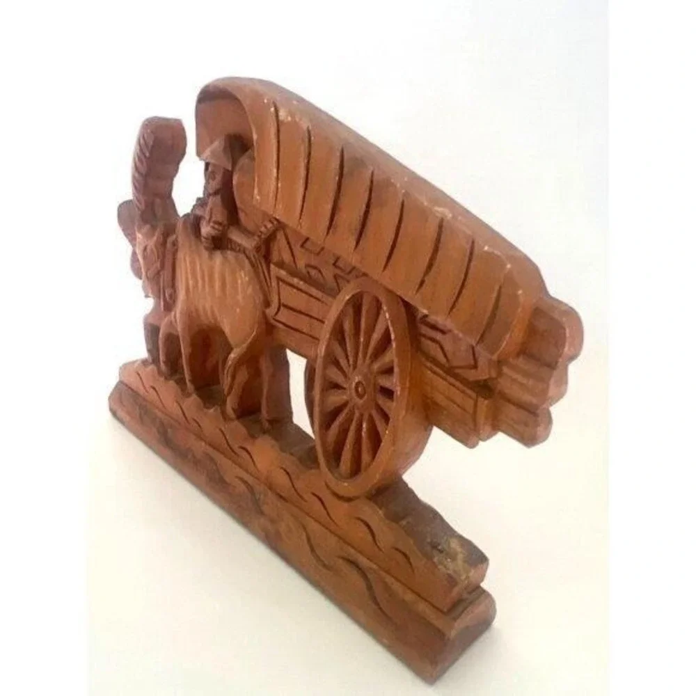Vtg Artisan‎ Handcrafted Bullock Cart Oxen Rider Carving Wood Figurine Folk Art